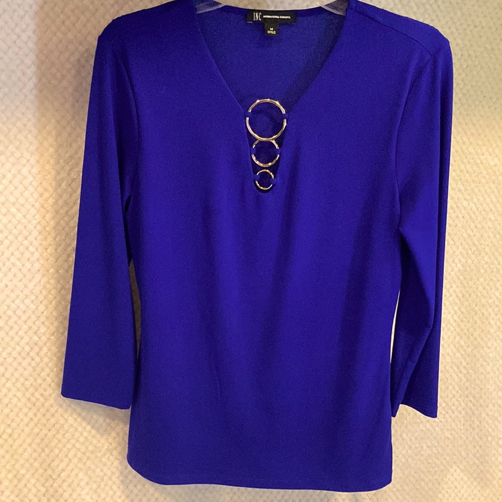 Intl. Concepts - Periwinkle Blue Elegant pull Over Blouse with gold accents